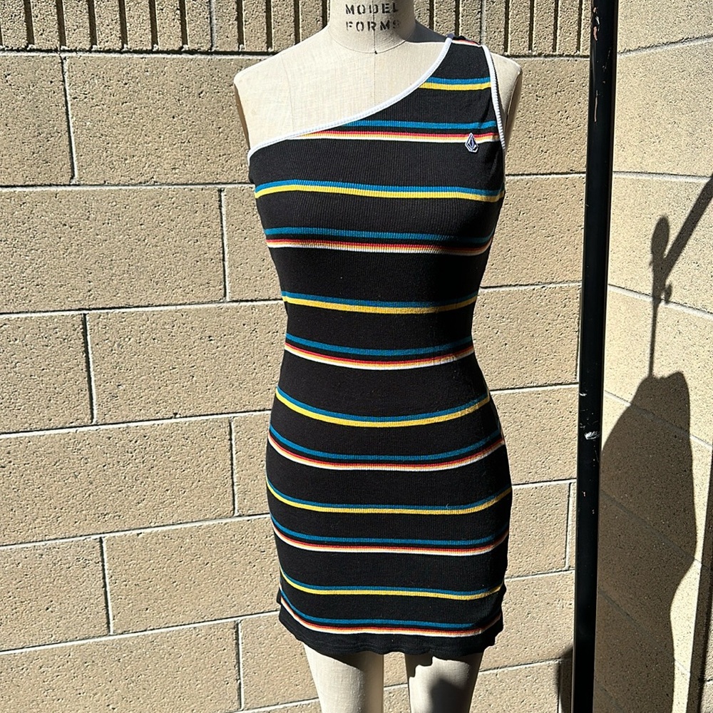 VOLCOM | 90s Y2K Body Fit One Shoulder Striped Dress